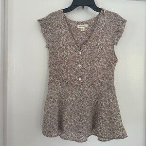Purple Floral Short-Sleeve Blouse -- L
